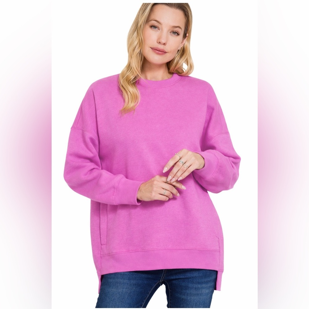 Zenana Pink Oversized Sweatshirt L Fleece Crewneck Cozy Pullover